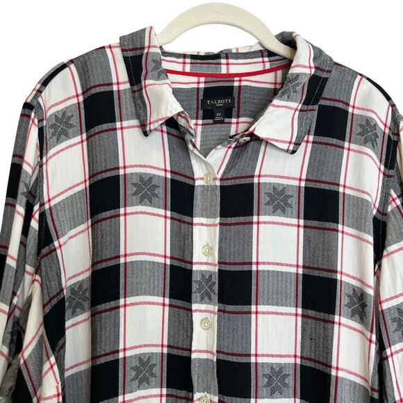 Talbots Woman Plaid Button Up Shirt 2X Black White Red Snowflakes Long Sleeve - Picture 2 of 5